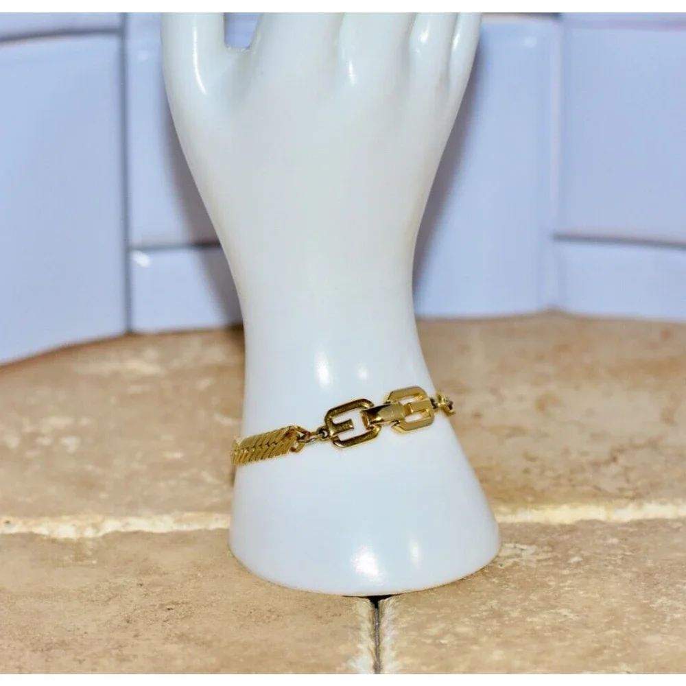 Vintage Givenchy Herringbone Gold Plated Chain Bracelet with Logo Clasp, 1980s
